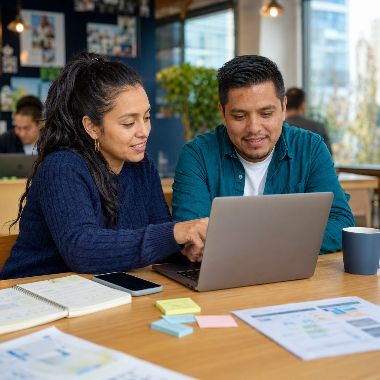 Dos migrantes latinos aprendiendo marketing digital juntos en un espacio de trabajo en Canadá