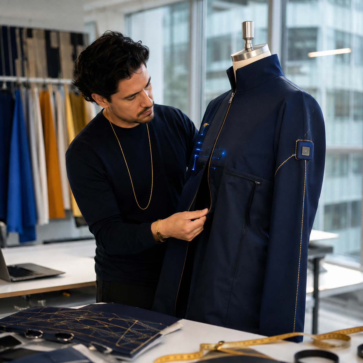 Diseñador latino trabajando con una prenda inteligente azul marino y sensores textiles