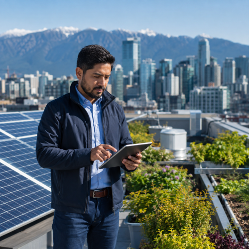 Profesional latino revisando tecnología limpia junto a paneles solares y un jardín urbano en Vancouver