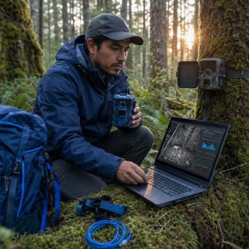 Investigador latino utilizando inteligencia artificial y cámaras trampa para proteger la vida silvestre en un bosque canadiense