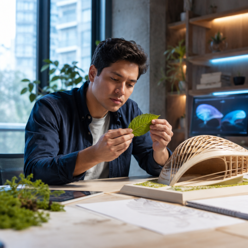 Diseñador latino estudiando una hoja para crear una solución tecnológica inspirada en la naturaleza