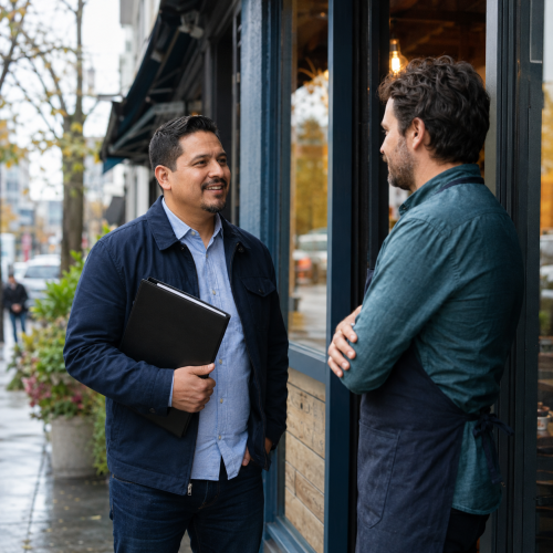 Migrante latino conversando con un empleador local durante su búsqueda de trabajo en Canadá